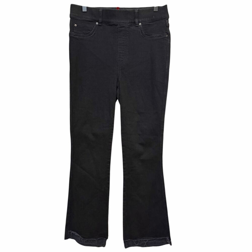 Spanx HighRise Flare Jeans PullOn Black Stretch Denim Raw Hem Medium Tall 20326T